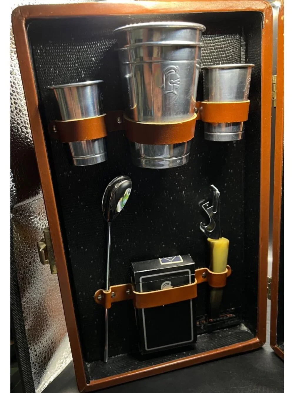 Trav-L-Bar By Ever-Wear Vintage Travel Bar Case Cups Shot glasses Key in envelop